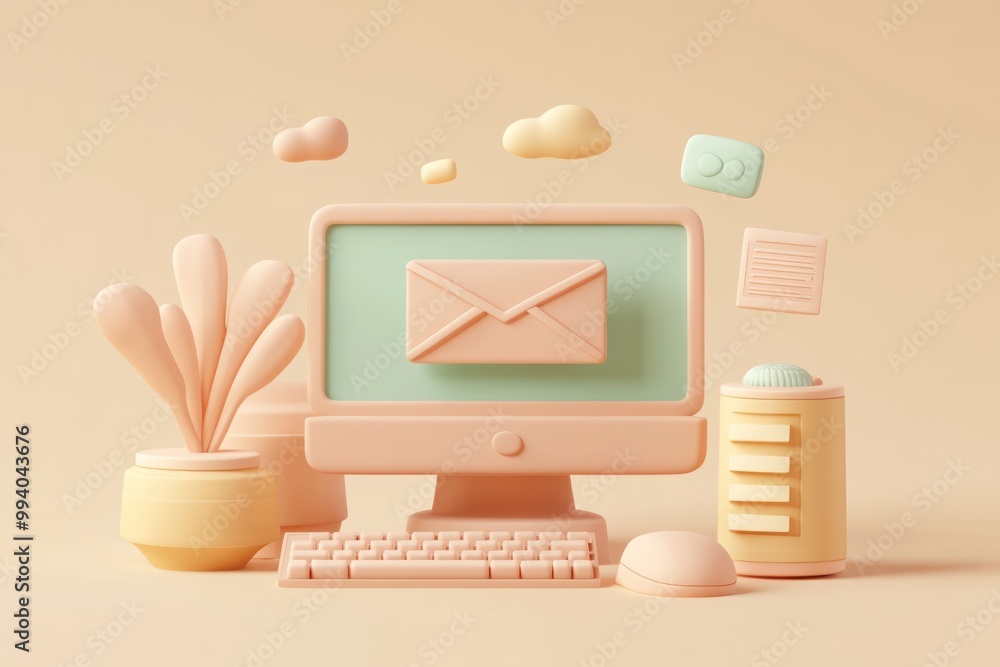 Poster a pastel-themed computer setup with an email icon and decorative elements.
