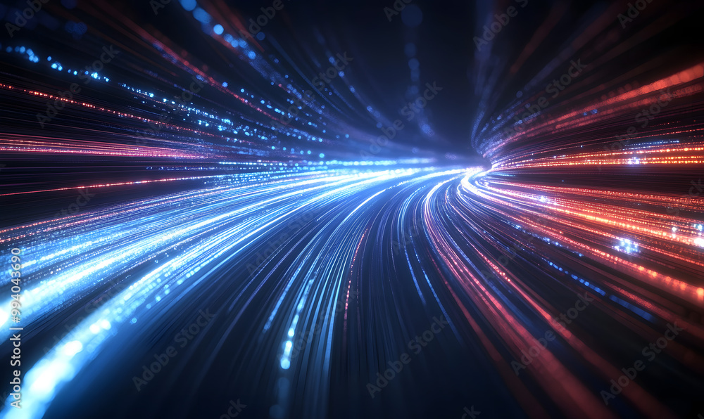 Poster data speed lines on a dark background, representing the concept of optical cables and high internet 