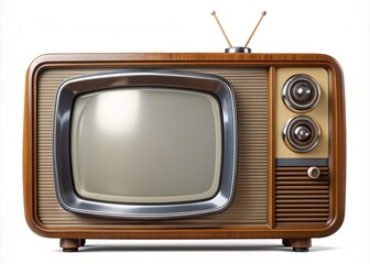 Retro vintage television set with rounded corners and antenna on top, nostalgic old-school design, isolated on a transparent white background for editing.