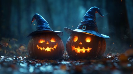 Fototapeta premium Haunted Jack-O'-Lantern Pumpkins with Witch Hats in a Foggy Halloween Forest