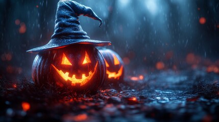 Fototapeta premium Haunted Jack-O'-Lantern Pumpkins with Witch Hats in a Foggy Halloween Forest