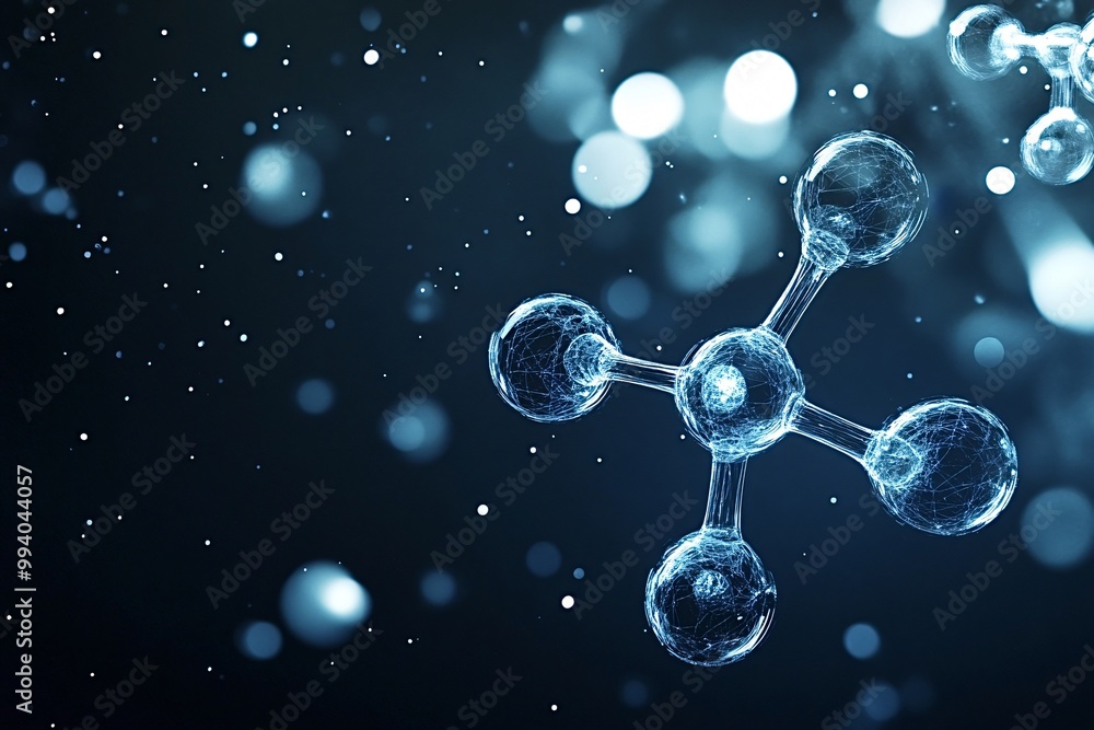 Aufkleber luminous molecule structure floats against a deep blue backdrop, hinting at science and technology. 