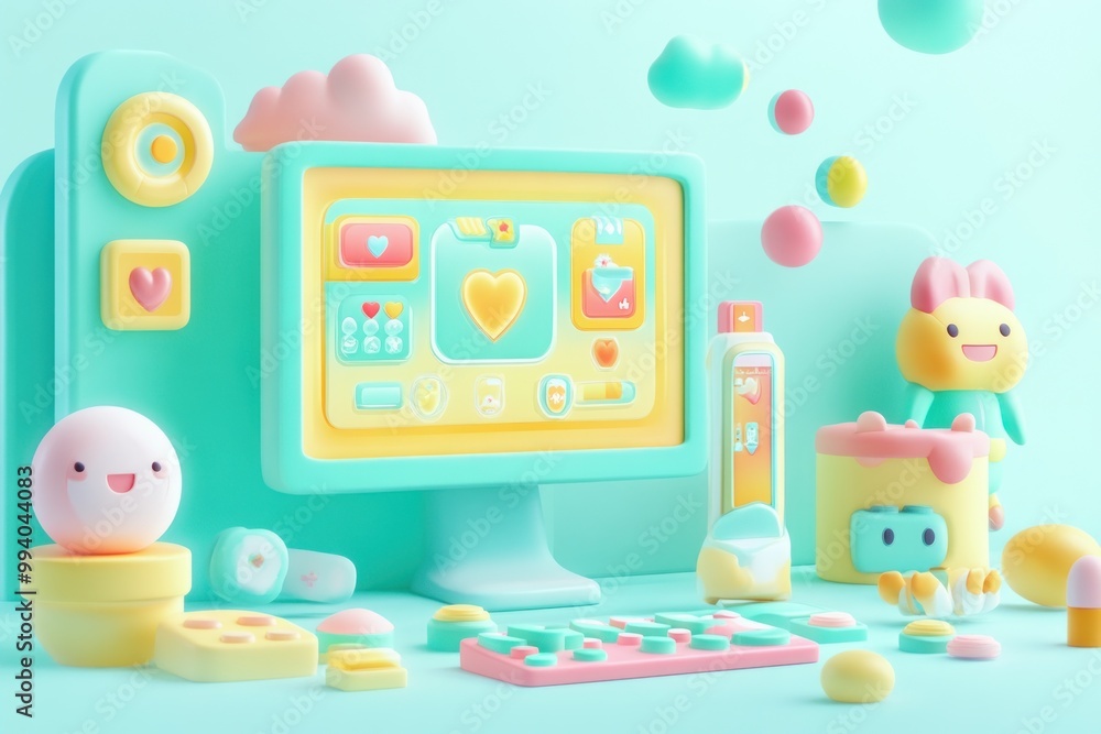 Aufkleber a colorful, playful computer setup with cute characters and pastel elements.