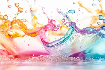 Fototapeta premium Bright and vivid splashes of water in various colors create a lively backdrop. The fluid movements and intricate patterns evoke energy and creativity, perfect for artistic use