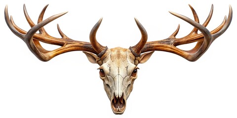 Isolated deer head skull with majestic antlers on a transparent background, perfect for wildlife, hunting, or rustic home decoration themes, featuring a striking natural beauty.