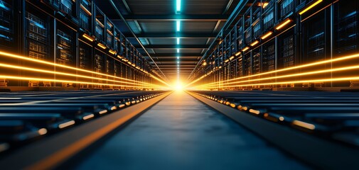 Futuristic data center with illuminated pathways and vibrant lights, showcasing advanced technology in action.
