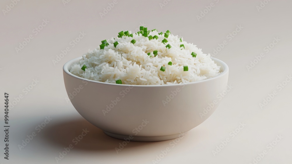 Poster A bowl of fluffy white rice garnished with chopped green herbs.