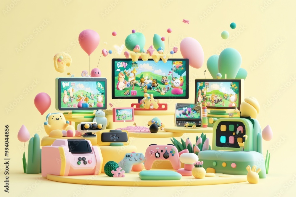 Poster a playful gaming setup with colorful consoles and screens featuring animated characters.