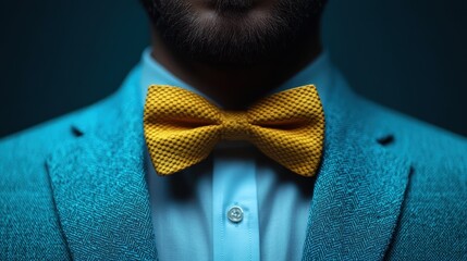A fashion shot of a bearded man wearing a smart teal suit and a striking yellow bow tie, highlighting modern male elegance and stylish formal attire.