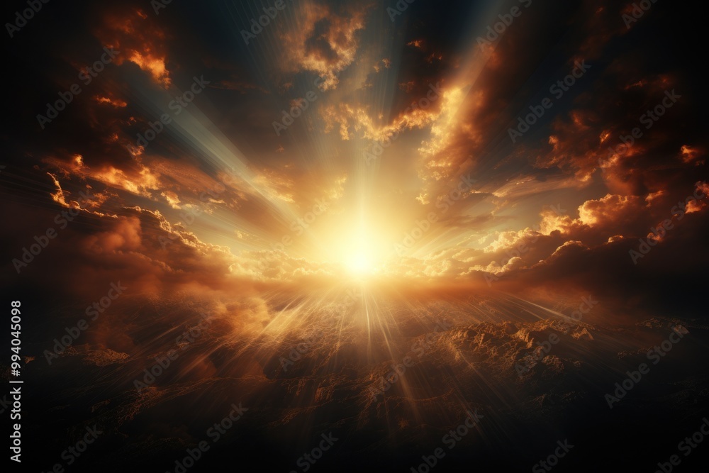 Poster vibrant rays of sunlight burst through clouds, creating a stunning display of warm colors at dawn