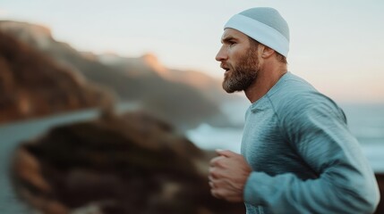 A runner in a grey beanie and long sleeve shirt runs along a coastal path at dawn, embodying the spirit of early morning workouts amidst a breathtaking natural backdrop.