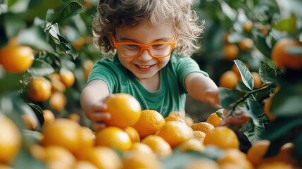 A young child with curly hair and bright orange glasses gleefully collects ripe oranges in an orchard, symbolizing innocence and delight in nature's abundance.