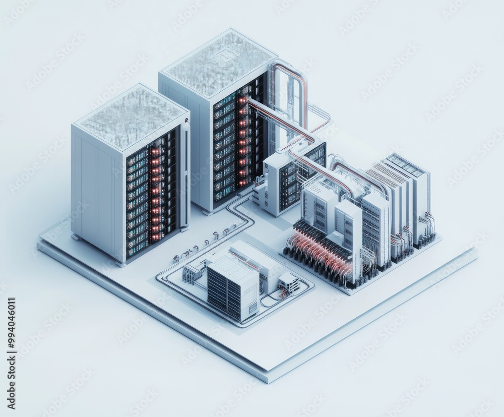 Poster a digital rendering of a data center with interconnected servers and cooling systems.