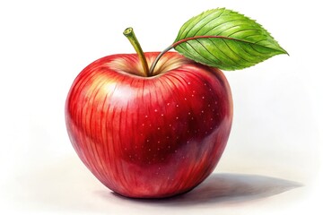 A hand-drawn image of a vibrant red apple complements a crisp stem and a leaf that gently wraps around it.