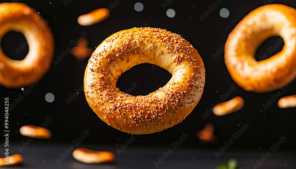 Poster fresh bagels floating in space create whimsical and delightful scene