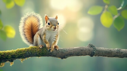 Cute Squirrel on Branch with Green Background