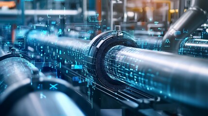 A futuristic industrial facility where smart sensors monitor the flow and condition of pipes in real-time, representing innovation in industrial piping systems
