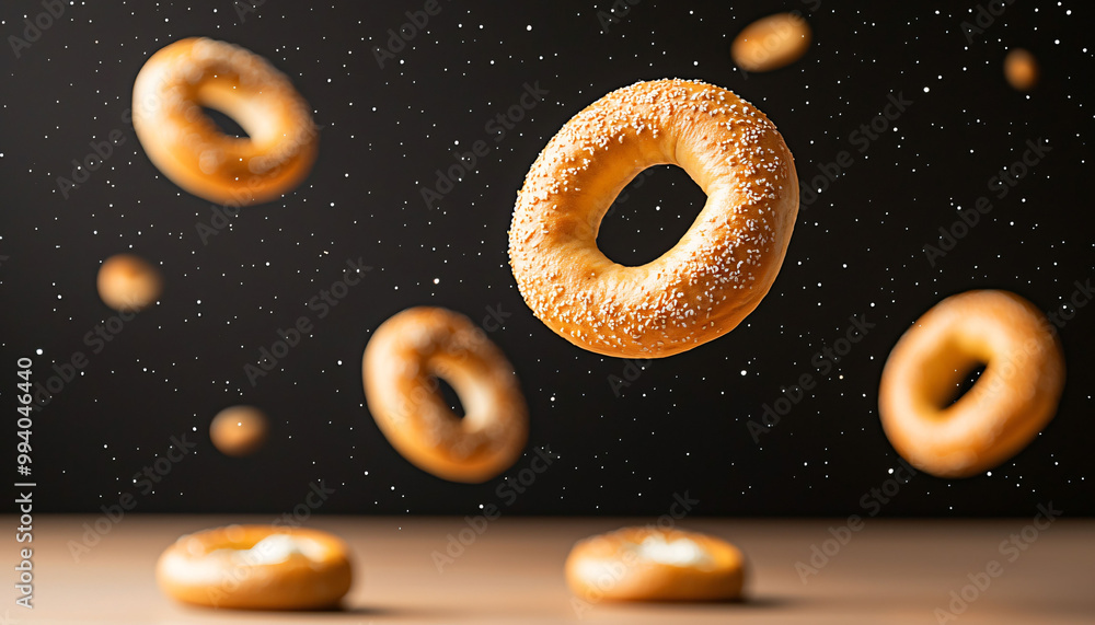 Poster floating bagels in space create whimsical and surreal scene