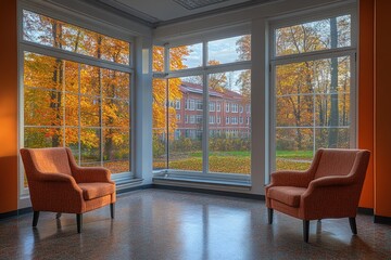 Comfortable chairs overlooking vibrant autumn leaves