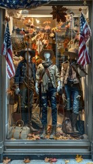 Obraz premium Columbus Day Retail Window Display with Explorer-Themed Mannequins and Autumn Decorations for Holiday Shopping