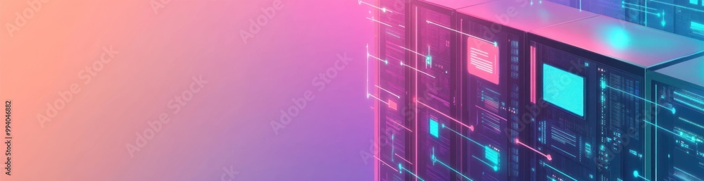 Poster abstract representation of data servers with a futuristic design and vibrant colors.
