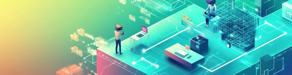 Futuristic digital workspace with virtual reality elements and data visualization.