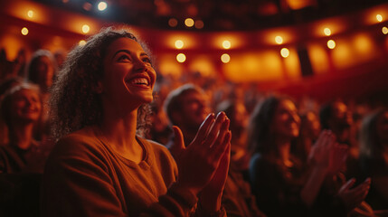 Smiling woman clapping hands while sitting in the audience at a theater