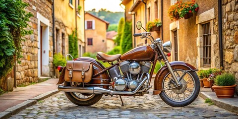 Fototapeta premium A restored classic motorcycle from the 1950s, with gleaming chrome pipes and worn leather saddle, parked on a worn stone street in a quaint town.