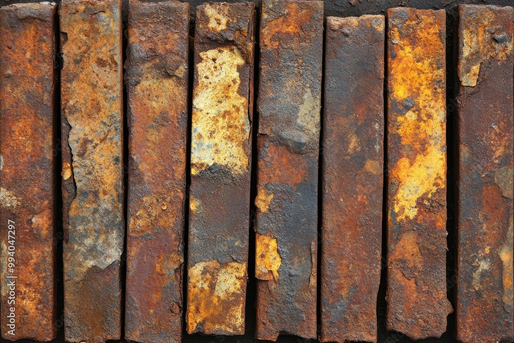 Poster various rusty metal sheets display texture and color variations under sunlight