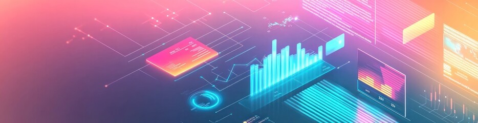 A digital interface featuring graphs and data visualizations in vibrant colors.