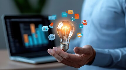 Businessman Holding Lightbulb with Business Icons and Charts