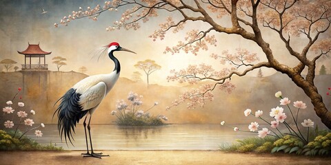 Fototapeta premium A majestic crane stands amidst a serene Asian-inspired wallpaper backdrop featuring cherry blossoms, subtle textures, and delicate watercolor hues, evoking tranquility and refinement.