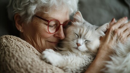 This serene image captures a senior woman cuddling with a relaxed fluffy cat, exhibiting the tender connection and love between a person and their beloved pet companion.