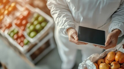 A worker, dressed in a protective suit, uses a tablet to inspect and manage fruit produce in a warehouse, ensuring safety and quality in a healthy, sanitized environment.
