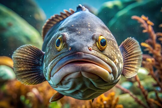 A stunning tautog, its scales shimmering in the sunlight, sits regally on the ocean floor, its fins spread wide in a majestic display of beauty.