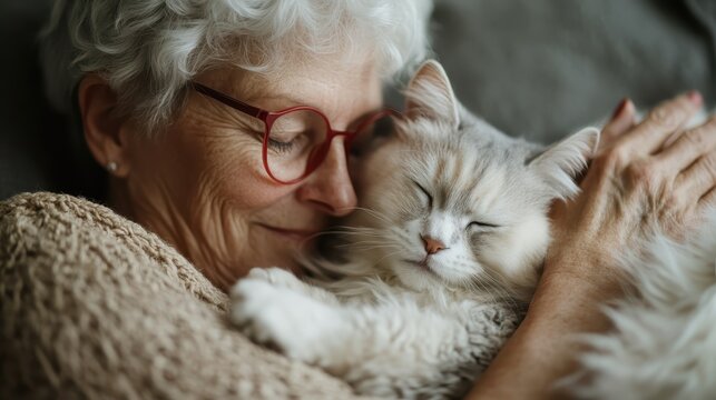 This serene image captures a senior woman cuddling with a relaxed fluffy cat, exhibiting the tender connection and love between a person and their beloved pet companion.