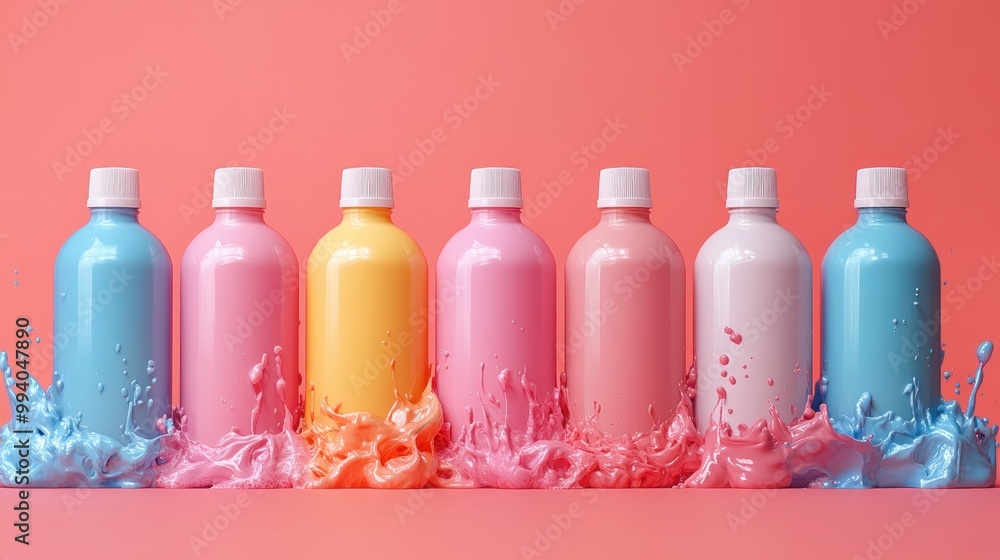 Poster bottles of various colors surrounded by splashes of liquid on a solid surface