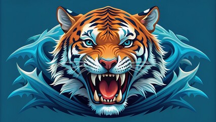 A stylized vector illustration of a tiger's head merged with a shark's body, showcasing powerful jaws and sharp teeth in a vibrant, abstract background.