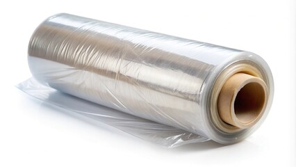 A transparent roll of clear plastic wrap stands upright on a white background, neatly curled and isolated, showcasing its versatility for food preservation and storage.