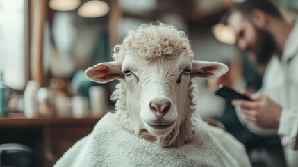 A sheep is seated comfortably at a barber shop, giving a humorous and surreal twist to the concept of grooming, merging animal care into human traditions.