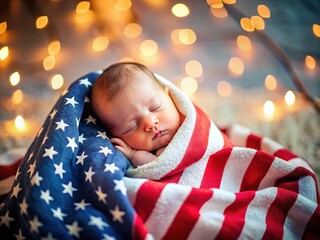 Adorable baby wrapped in American flag blanket, sleeping peacefully on a patriotic-themed background with soft focus and warm lighting, symbolizing innocence and national pride.