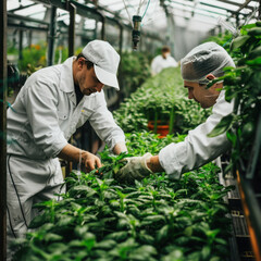 Fototapeta premium Qualified farm specialists in uniform inspection irrigation of plants at greenhouse hydroponic plantation.