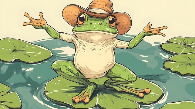 Fun hand-drawn frog character wearing a hat and dancing on a lily pad, adding a playful touch to any design. Hand-Drawn Illustrations