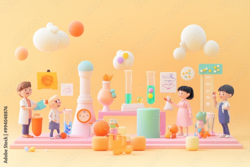 Aufkleber a colorful, playful science lab scene with children conducting experiments and exploring.