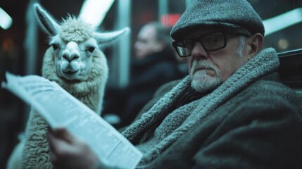 Obraz premium A man reading a newspaper on a subway seated next to a llama, capturing a surreal and unexpected moment with a whimsical and humorous artistic style.