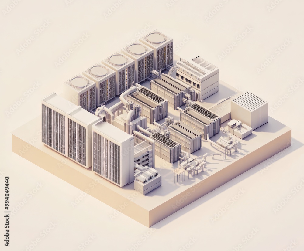 Canvas Prints A detailed isometric view of an industrial facility with machinery and cooling systems.