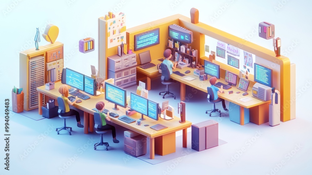 Poster a vibrant office scene featuring people working at computers in a collaborative environment.