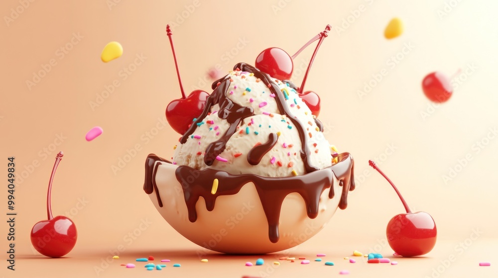 Canvas Prints A delicious ice cream sundae topped with chocolate, sprinkles, and cherries.