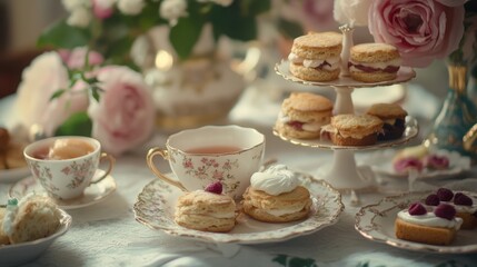 Fototapeta premium Elegant tea party setup with floral china, pastries, and fresh roses