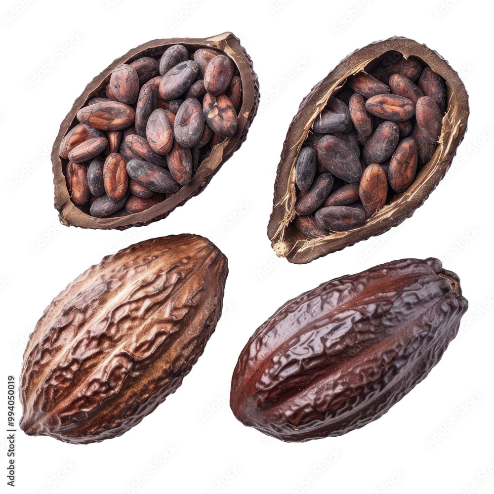 Poster cocoa beans are lying inside and outside of the cocoa pod which is cut in half
